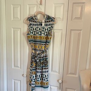 NWT Ann Taylor Sleeveless Geometric Print Belted Dress - Teal & Mustard